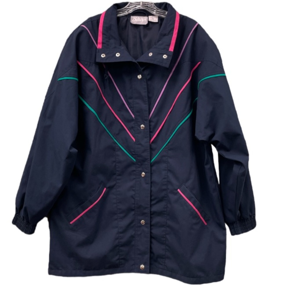80s BLAIR Navy Blue Coat Pastel Piping Trim Womens Plus 2X Medium Weight Jacket